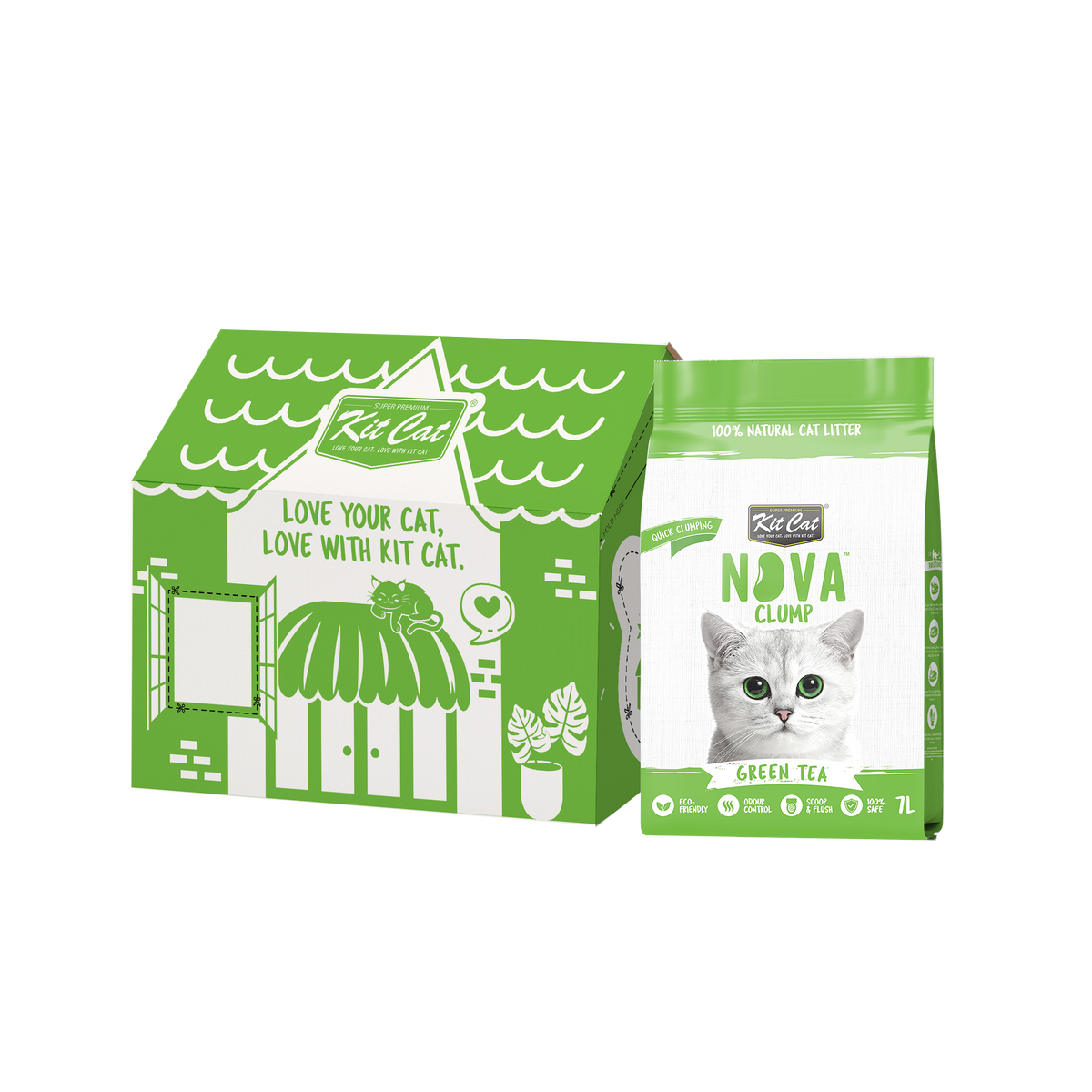 Kit de areia para gatos Eco SoyaClump - Chá verde, 7 L