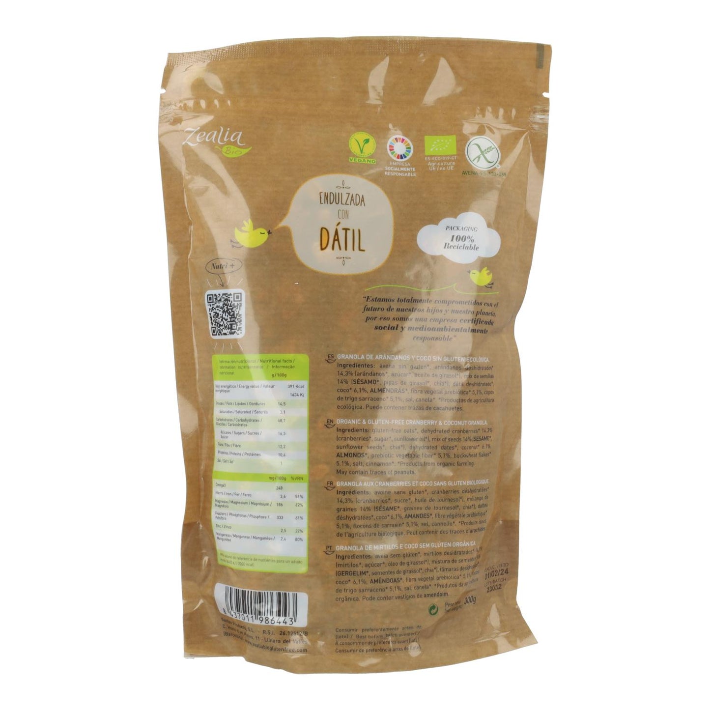 Granola Orgânica de Mirtilo e Coco Sem Glúten Zealia 300g