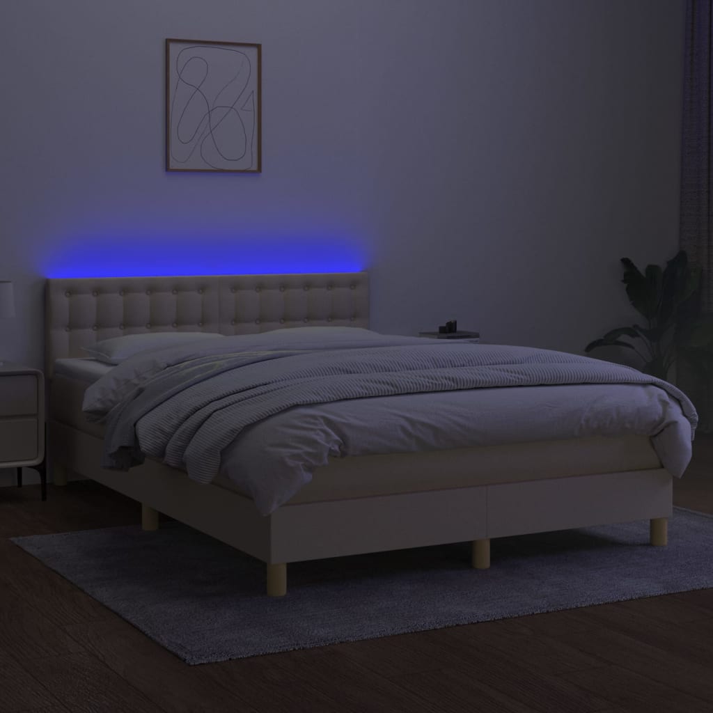 Cama Box Spring Con Colchón Y Led Tela Crema 140x200 Cm / Vetonek_4