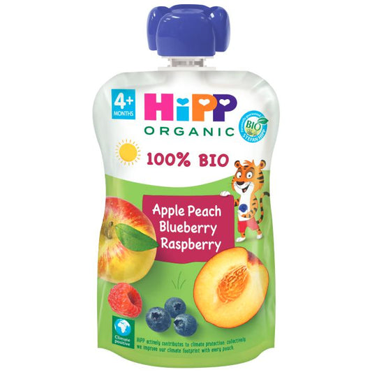 HiPP Organic Pêssego, Maçã e Frutos Vermelhos Pouch +4 meses 100 g 