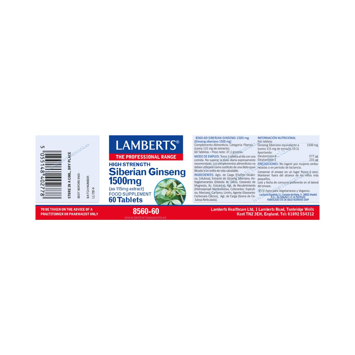 Ginseng Siberiano 1.500 mg Lamberts, 60 comprimidos