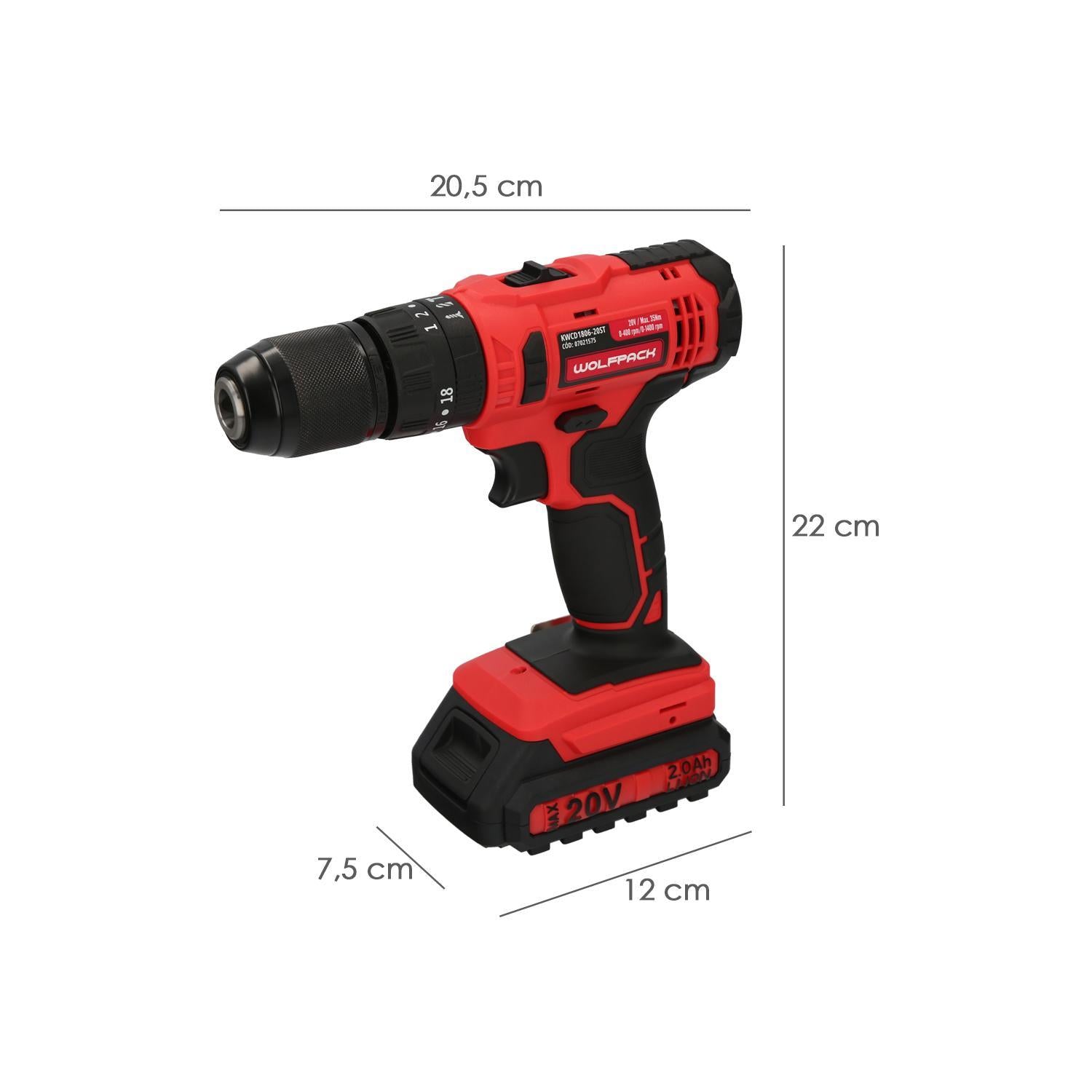 Taladro Atornillador 20 V. Con 2 Velocidades Y Percutor. Bateria 2 Ah. Par Apriete 35 Nm.