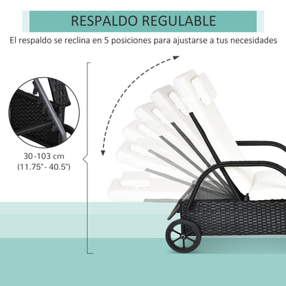 Outsunny Tumbona De Ratán Jardín Con Respaldo Ajustable Cojines 2 Ruedas Negro_5