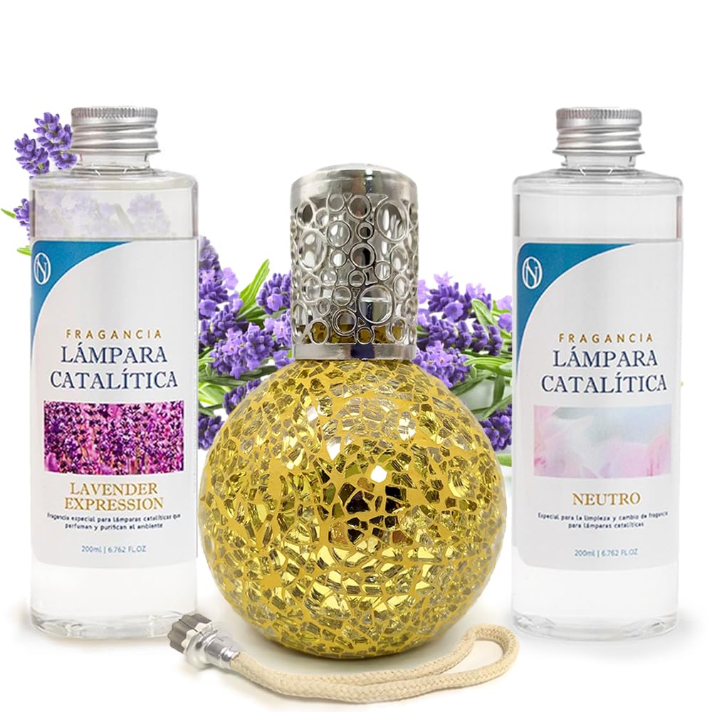 Pack Lámpara Catalítica Mosaico Dorado + Fragancia Lavender Expression 200ml + Limpiador Neutro 200ml + Mecha Repuesto_0