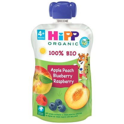 Pack de 6 saquetas biológicas de pêssego, maçã e frutos vermelhos para bebé a partir dos 4 meses HiPP 100 g 