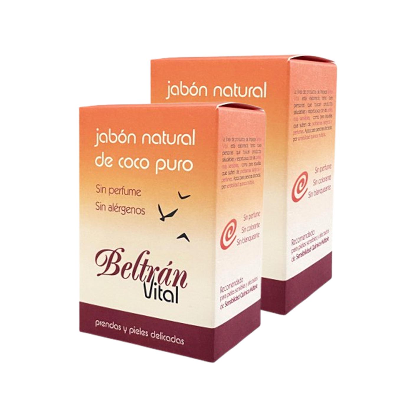 Embalagem promocional com 2 sabonetes de coco puro, sem perfume, 240 g. Beltrán Vital