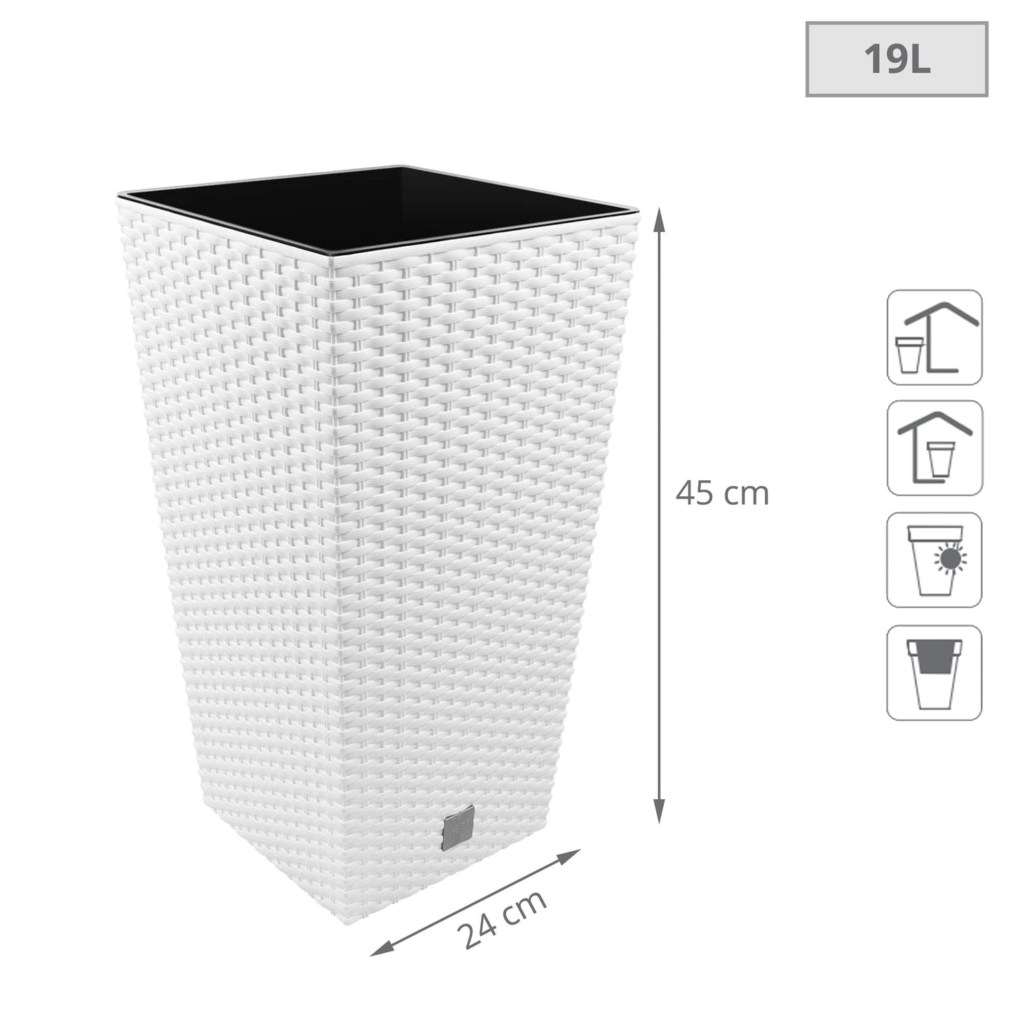 Maceta Alta Cuadrada 19 L Prosperplast Rato Square  De Plástico Con Depósito En Color Blanco, 45 (alto) X 24 (ancho) X 24 (profundo) Cms