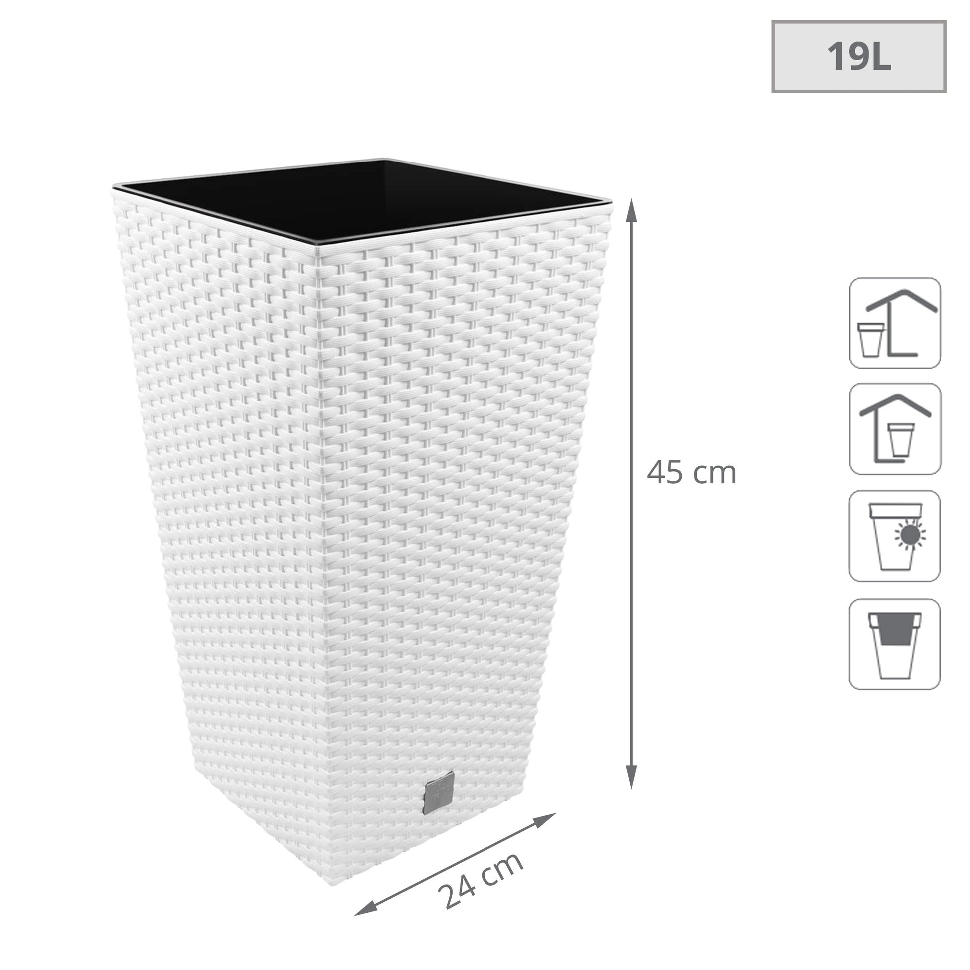 Maceta Alta Cuadrada 19 L Prosperplast Rato Square  De Plástico Con Depósito En Color Blanco, 45 (alto) X 24 (ancho) X 24 (profundo) Cms