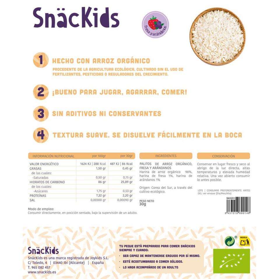 Lanche biológico para bebé +8 meses Palitos de arroz, morango e mirtilo