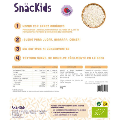 Lanche biológico para bebé +8 meses Palitos de arroz, morango e mirtilo