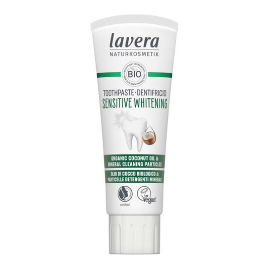 Pasta de dentes branqueadora com coco e flúor para dentes sensíveis, Lavera 75 ml