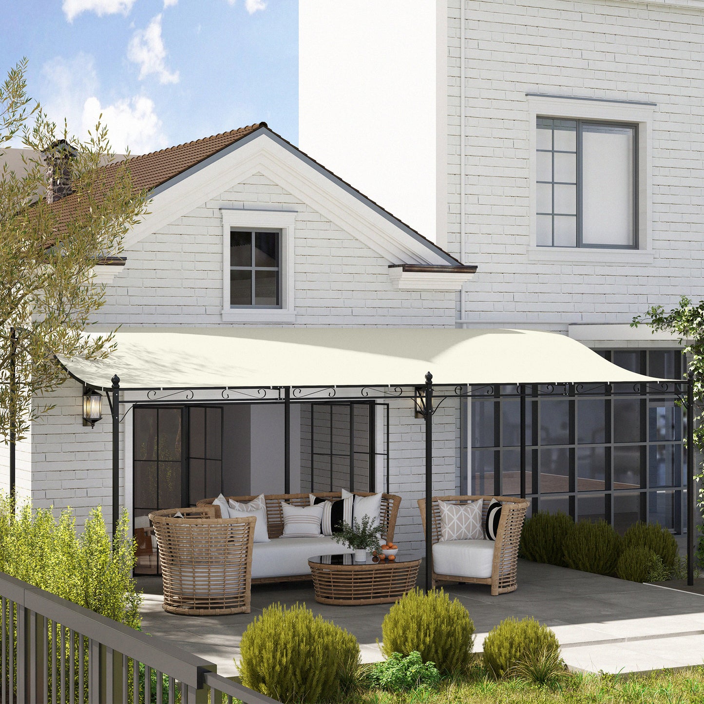 Outsunny Pérgola De Pared 3x6 M Con Techo Inclinado Estructura Metálica Crema_3