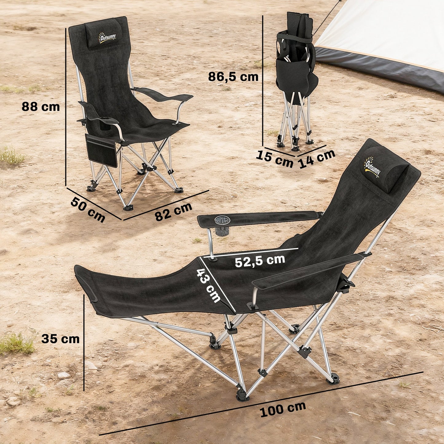 Outsunny Conjunto De 2 Sillas Plegables Camping Con Reposapiés Desmontable Negro_2