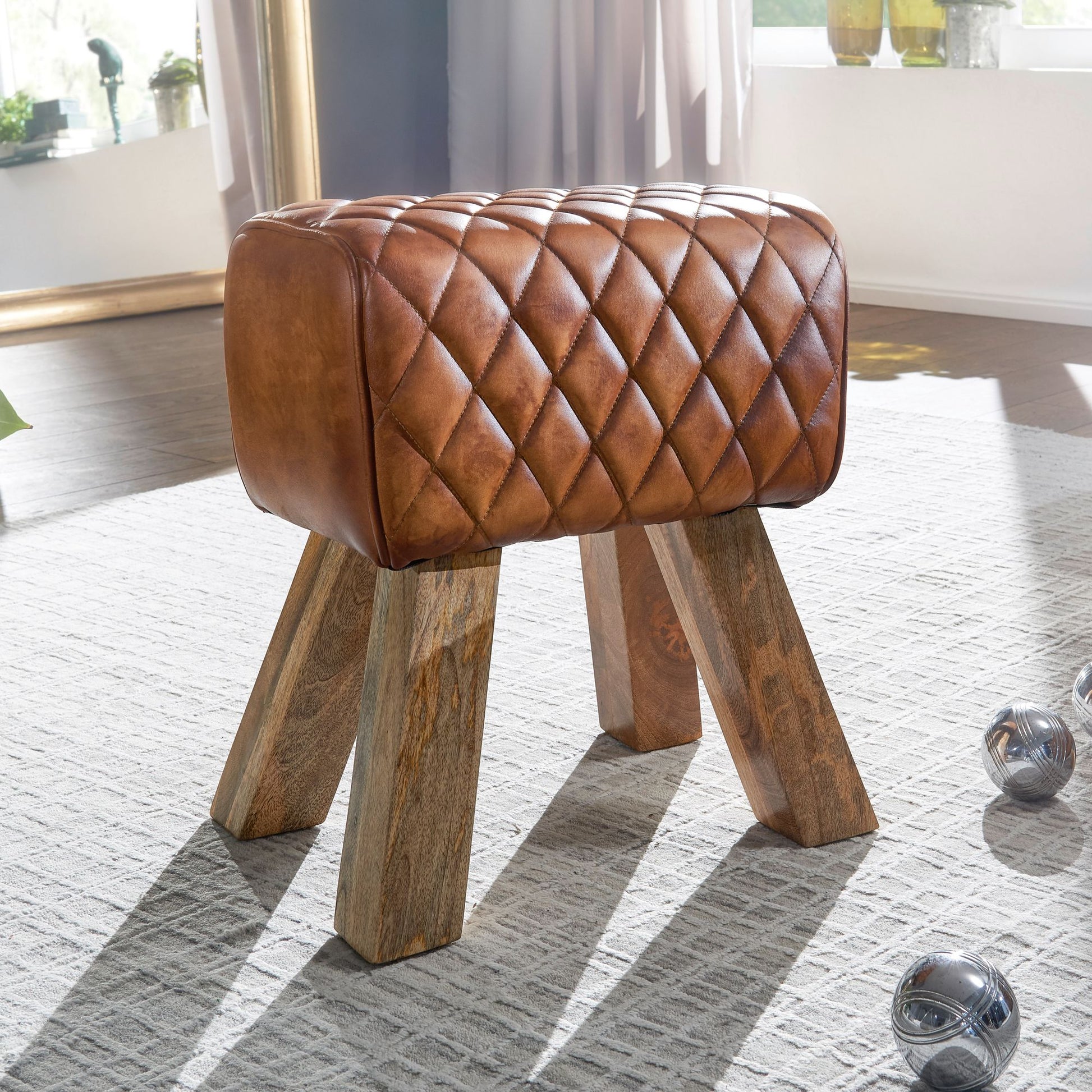 Taburete Cuero Real Y Madera Maciza 40x48x27 Cm_1