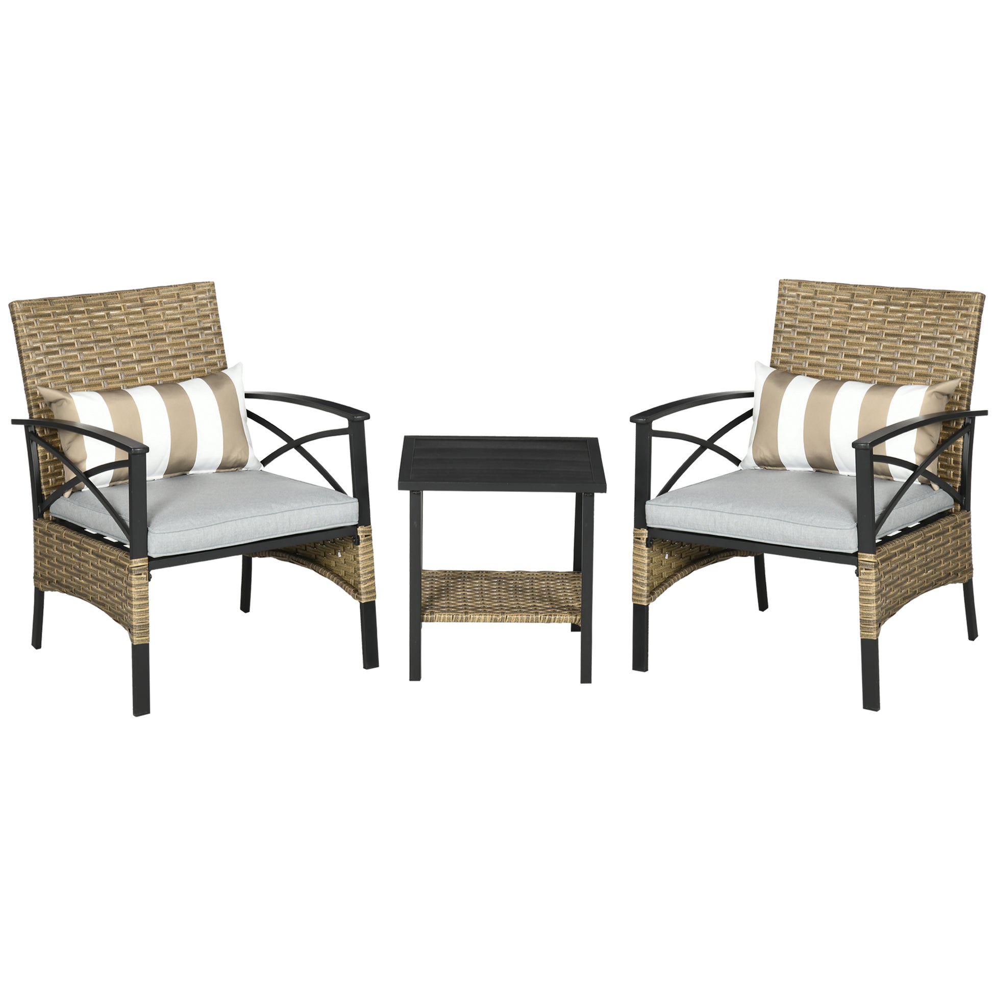 Outsunny Conjunto Mesa Y 2 Sillas De Jardín De Ratán 3 Piezas Con 2 Cojines_0