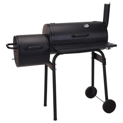 Grelhador a carvão preto + fumador Jamaica para grelhar e fumar com termómetro de aço, grelha dupla, rodas e chaminé integrada