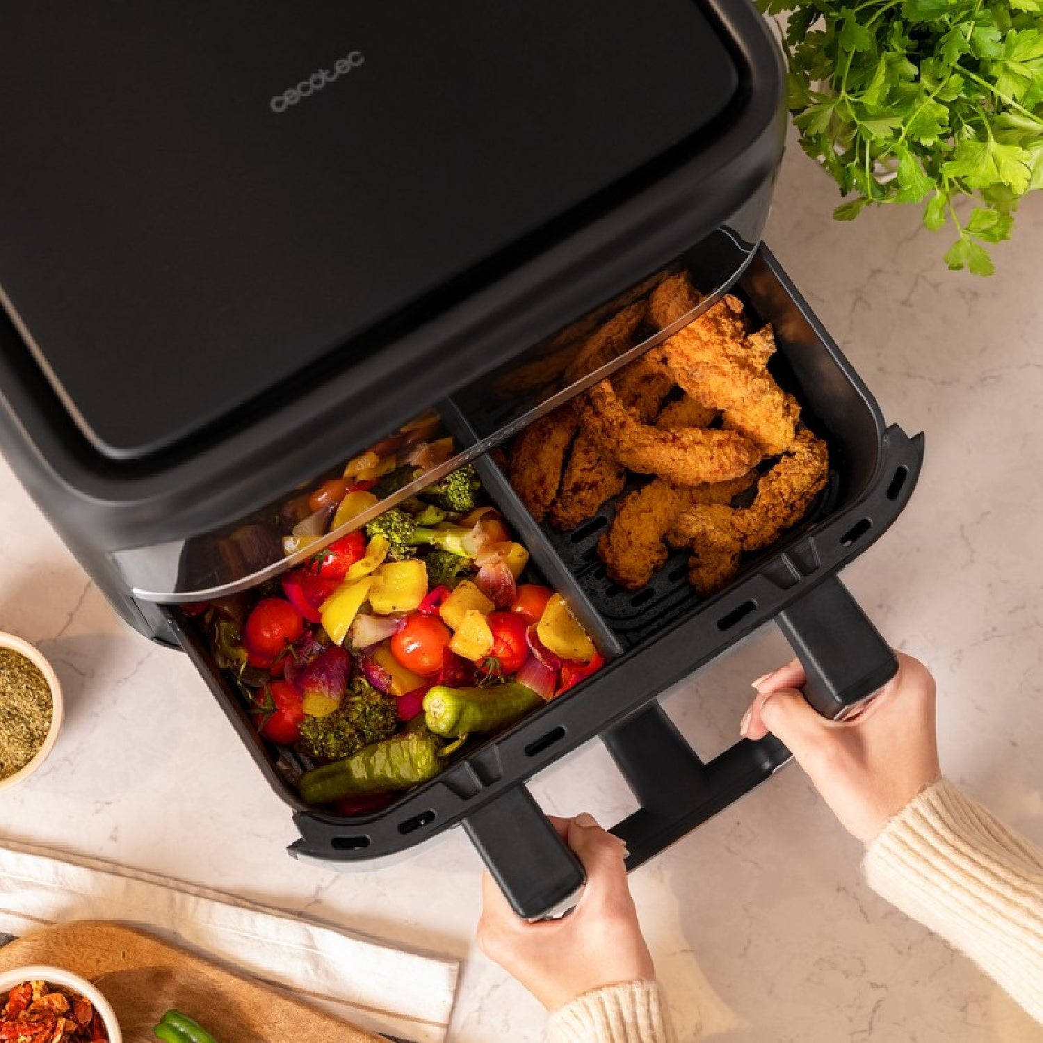 Freidora De Aire Sin Aceite De 9 L Cecofry Dual 9000 Air Fryer. 2850 W, Digital Y Compacta, Temperatura Dual, Tecnología Perfectcook, Opción De Divi_4