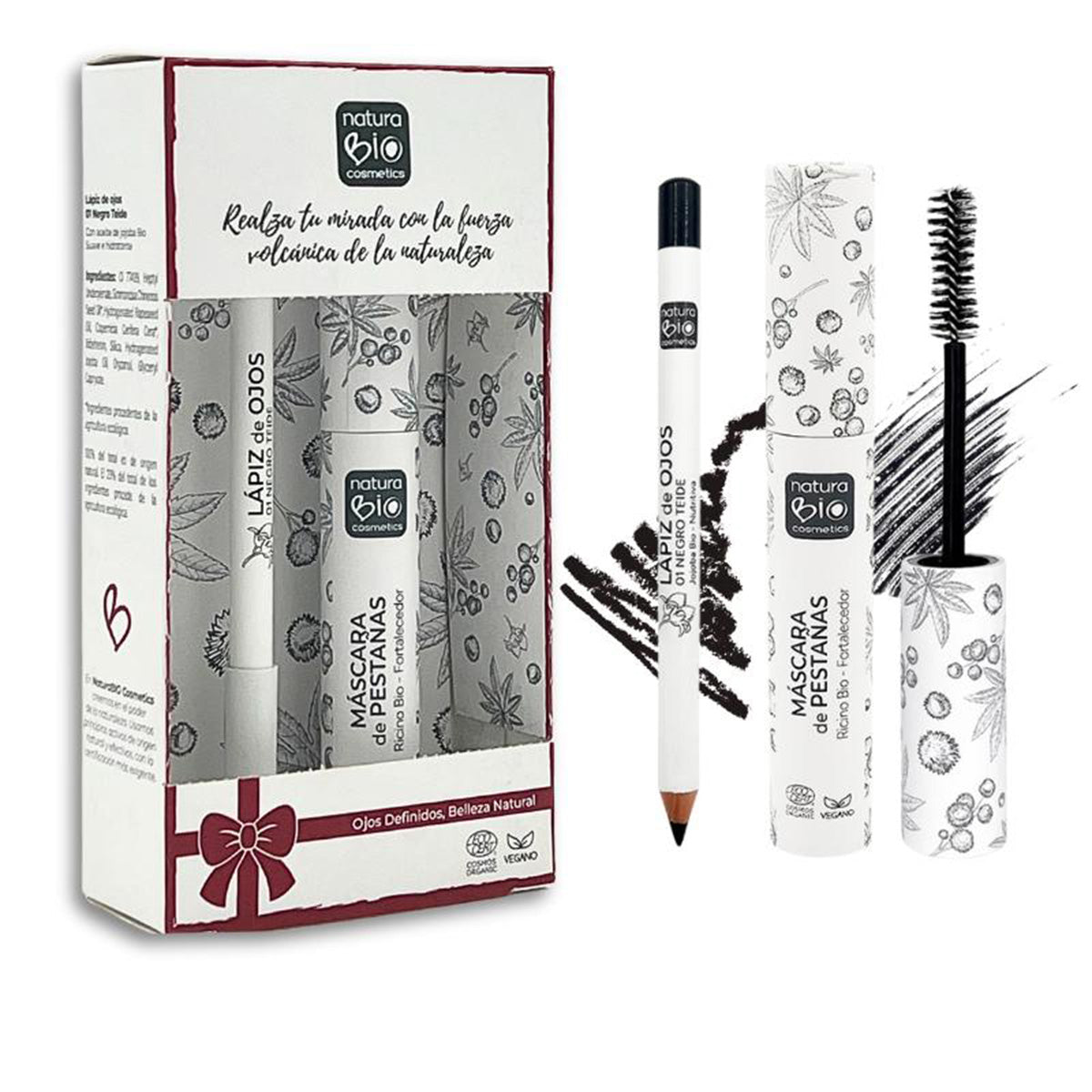 Caixa de oferta dupla de maquilhagem para os olhos NaturaBIO Cosmetics, eyeliner preto + máscara de pestanas preta para volume, Natubio Cosmetics