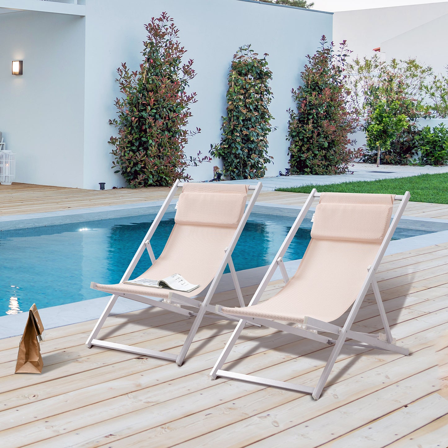 Outsunny Conjunto De 2 Tumbonas Reclinables Y Plegables 58x96,5x91,5 Cm Beige_1