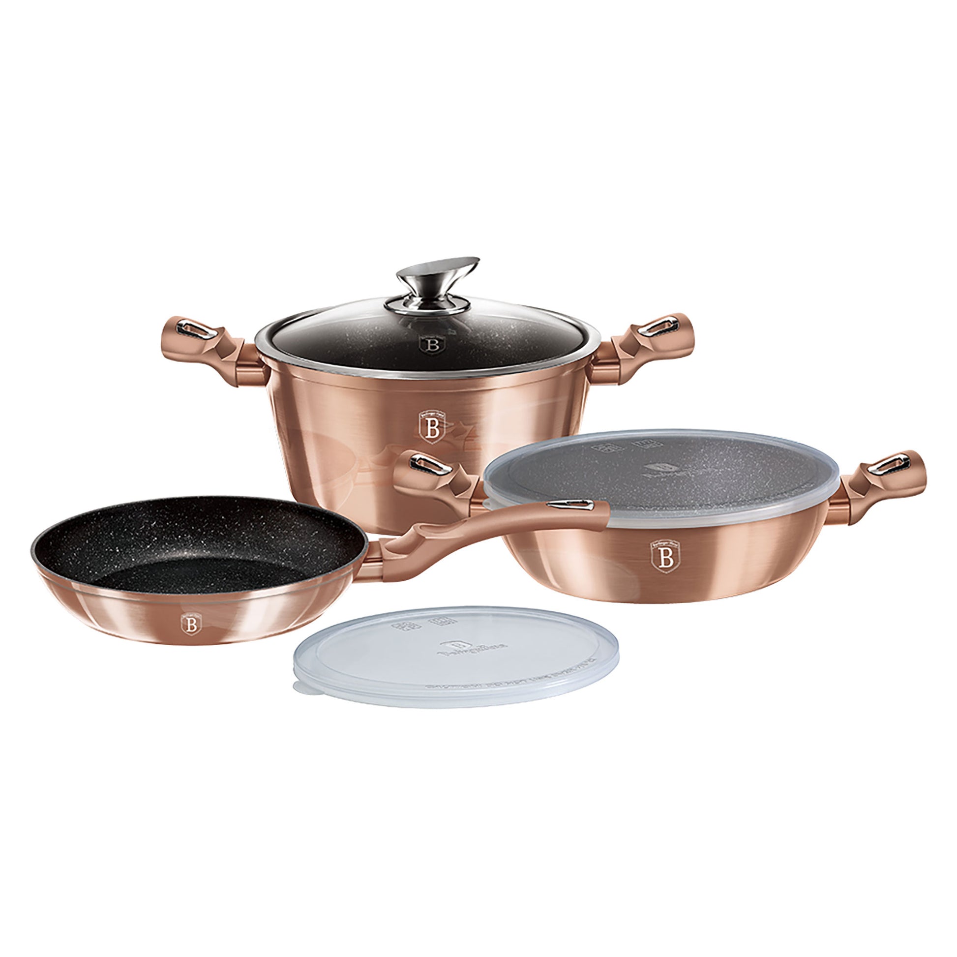 Batería De Cocina Aluminio Forjado Antiadherente Sin Pfoa, Set 2 Cacerolas, 1 Sartén, Tapas Berlinger Haus Rose Gold Oro Rosado_0
