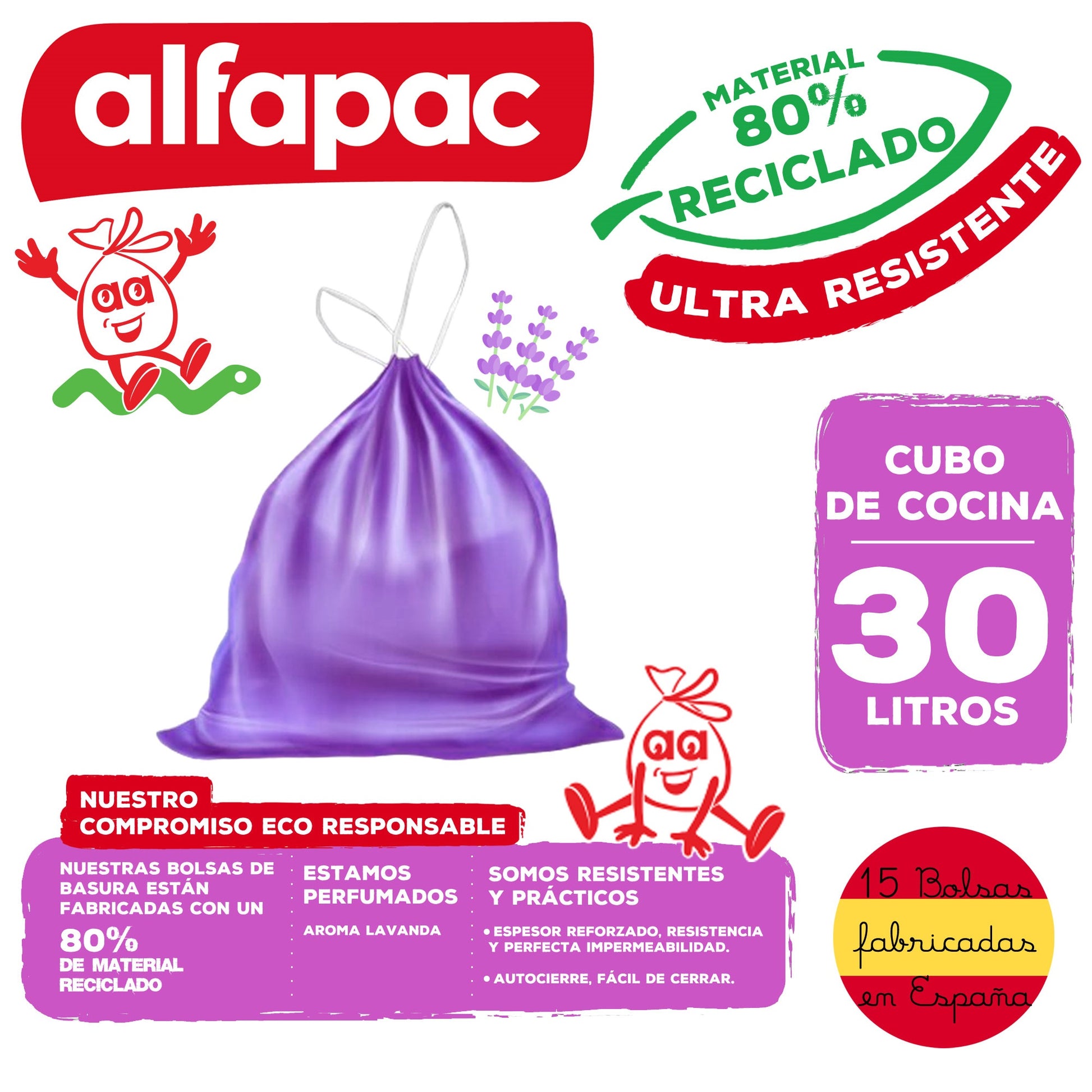 Pack De 40 Rollos De 15 Bolsas De Basura 'lavanda' 30l Con Autocierre