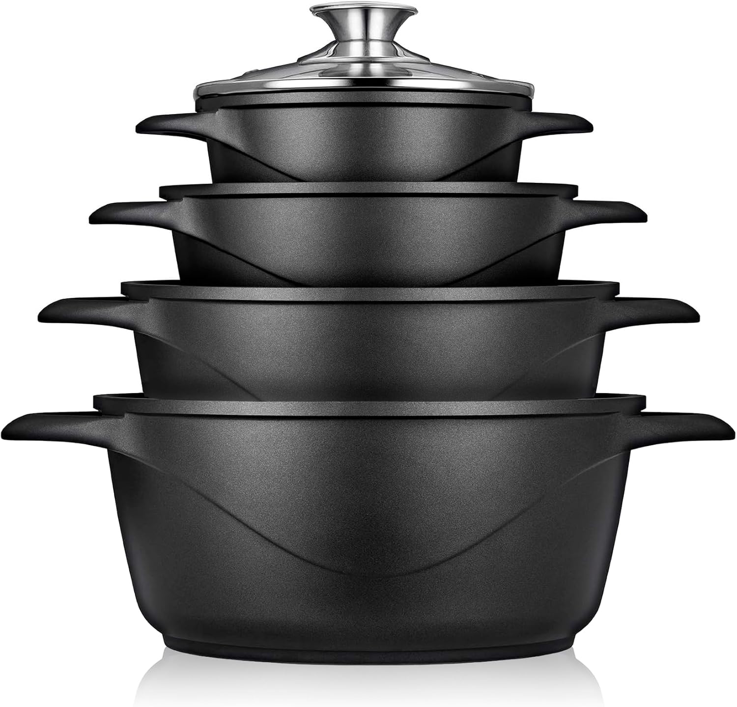 Briebe Batería De Cocina Inducción 8 Piezas Aluminio Fundido 4 Ollas Con Tapa De Cristal Antiadherente, Mgk-12, Negro_0