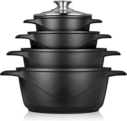 Briebe Batería De Cocina Inducción 8 Piezas Aluminio Fundido 4 Ollas Con Tapa De Cristal Antiadherente, Mgk-12, Negro_0