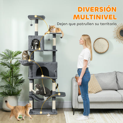 Pawhut Árbol Rascador Para Gatos 202 Cm Con Plataformas 2 Camas 2 Cuevas Gris_3