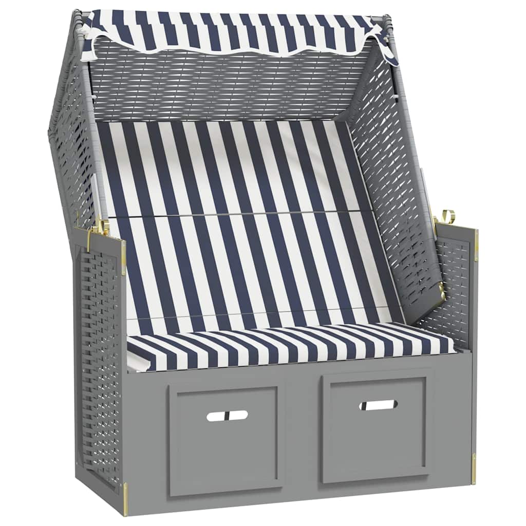 Silla Playa Strandkorb Con Dosel Ratán Pe Y Madera Azul Blanco_2