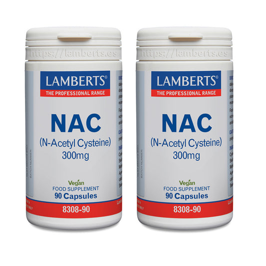 Embalagem 2x NAC (N-Acetil Cisteína) Lamberts 300 mg, 90 cápsulas