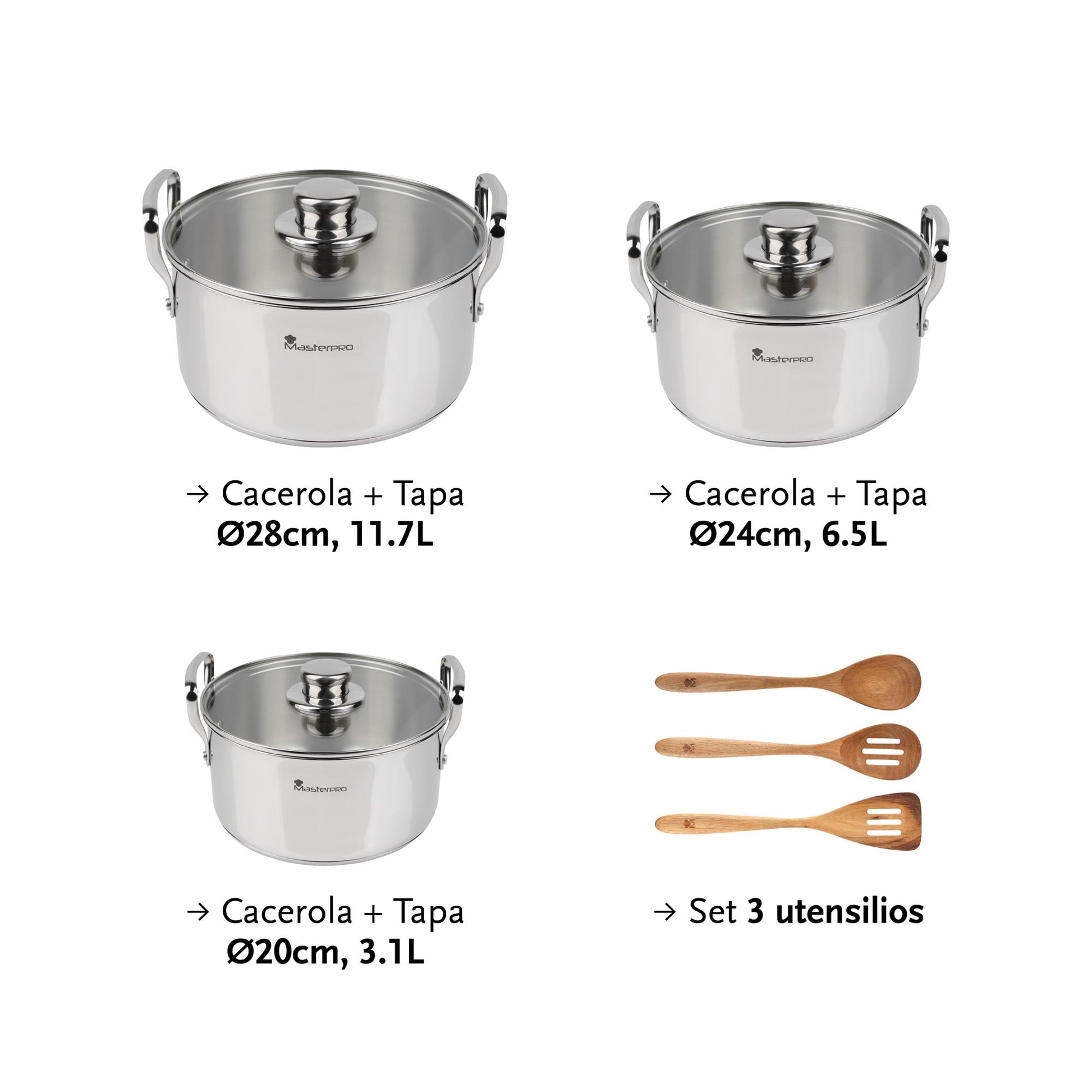 Juego De 3 Cacerolas Con Tapas Ø20ø24ø28cm En Acero Inoxidable Y 3 Utensilios De Cocina Masterpro_1