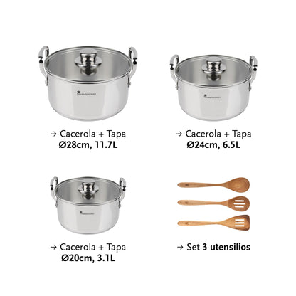 Juego De 3 Cacerolas Con Tapas Ø20ø24ø28cm En Acero Inoxidable Y 3 Utensilios De Cocina Masterpro_1