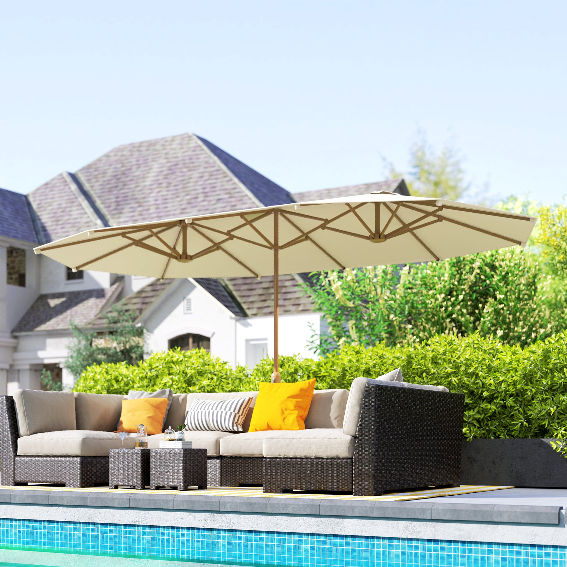 Outsunny Sombrilla Doble 4,6x2,7 M Con Manivela Resistente Al Agua Crema_3