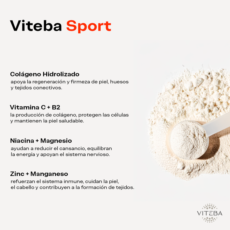 Viteba Colágeno Hidrolizado Sport en polvo 330 g + Vitaminas C + B2 + B3 + Magnesio + Manganeso │ SIN sabor NI olor