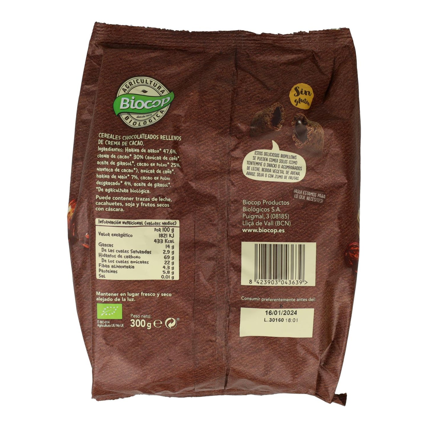 Cereais Biopillows recheados com chocolate negro sem glúten Biocop 300 g