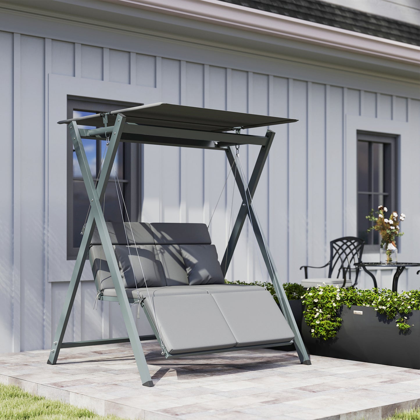 Outsunny Columpio De Jardín Exterior De 2 Plazas Convertible En Cama Gris Oscuro_1