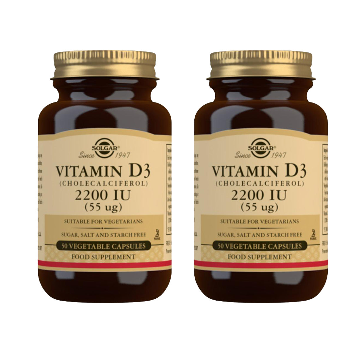 Embalagem 2x Vitamina D3 2200 UI, Solgar, 50 cápsulas vegetais