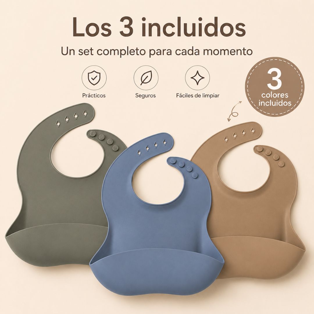 Pack De 3 Baberos De Silicona Para Bebé, Baberos Impermeables Con Bolsillo Recogecomida Y Reutilizables Bathby_3