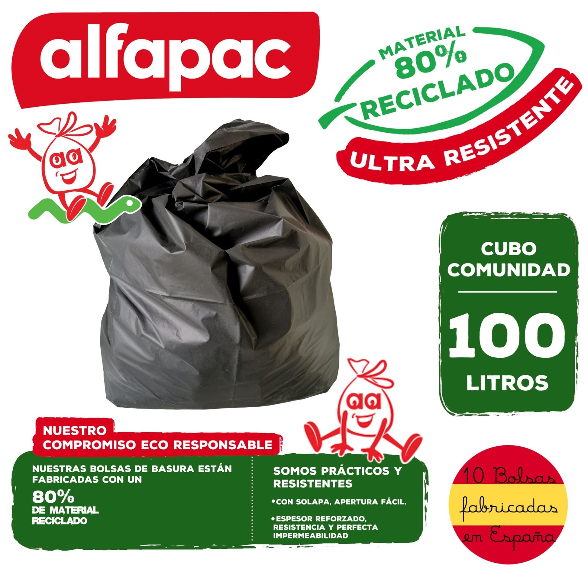 80% Reciclado 6 Rollos De 10 Bolsas De Basura De 100l