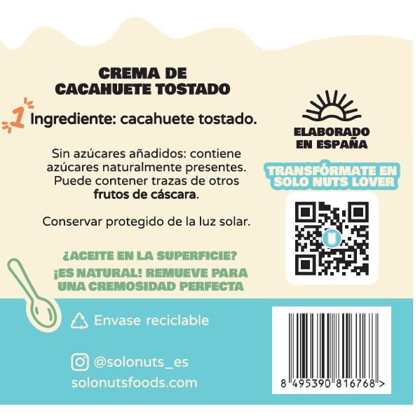 Crema suave de cacahuete 100%  Solo Nuts 280g