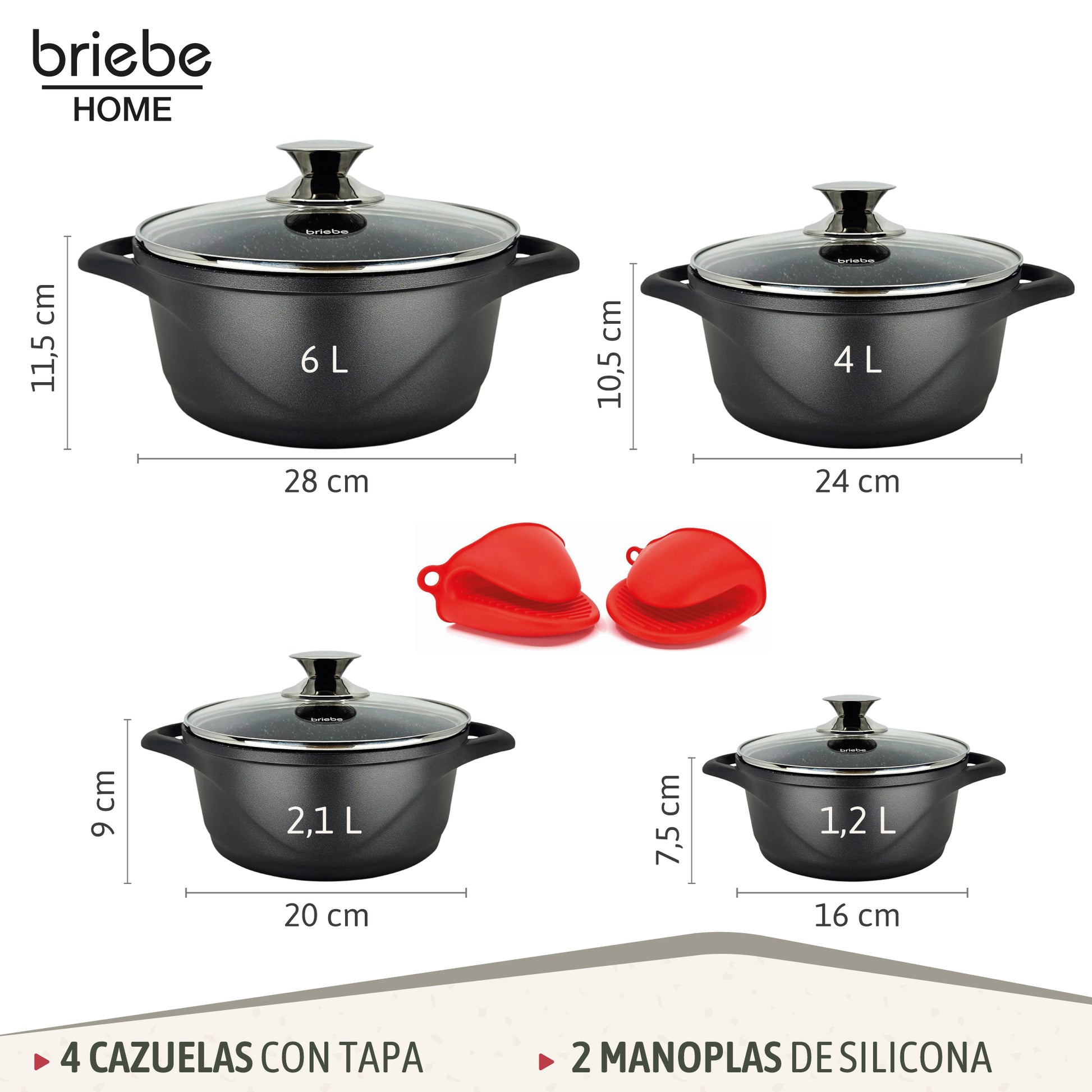 Briebe Batería De Cocina Inducción 8 Piezas Aluminio Fundido 4 Ollas Con Tapa De Cristal Antiadherente, Mgk-12, Negro_2