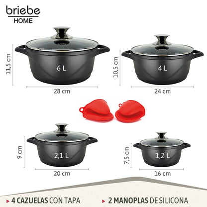 Briebe Batería De Cocina Inducción 8 Piezas Aluminio Fundido 4 Ollas Con Tapa De Cristal Antiadherente, Mgk-12, Negro_2