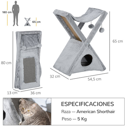 Pawhut Árbol Rascador Plegable Para Gatos Con Cueva Hamaca Bolas Colgantes_2