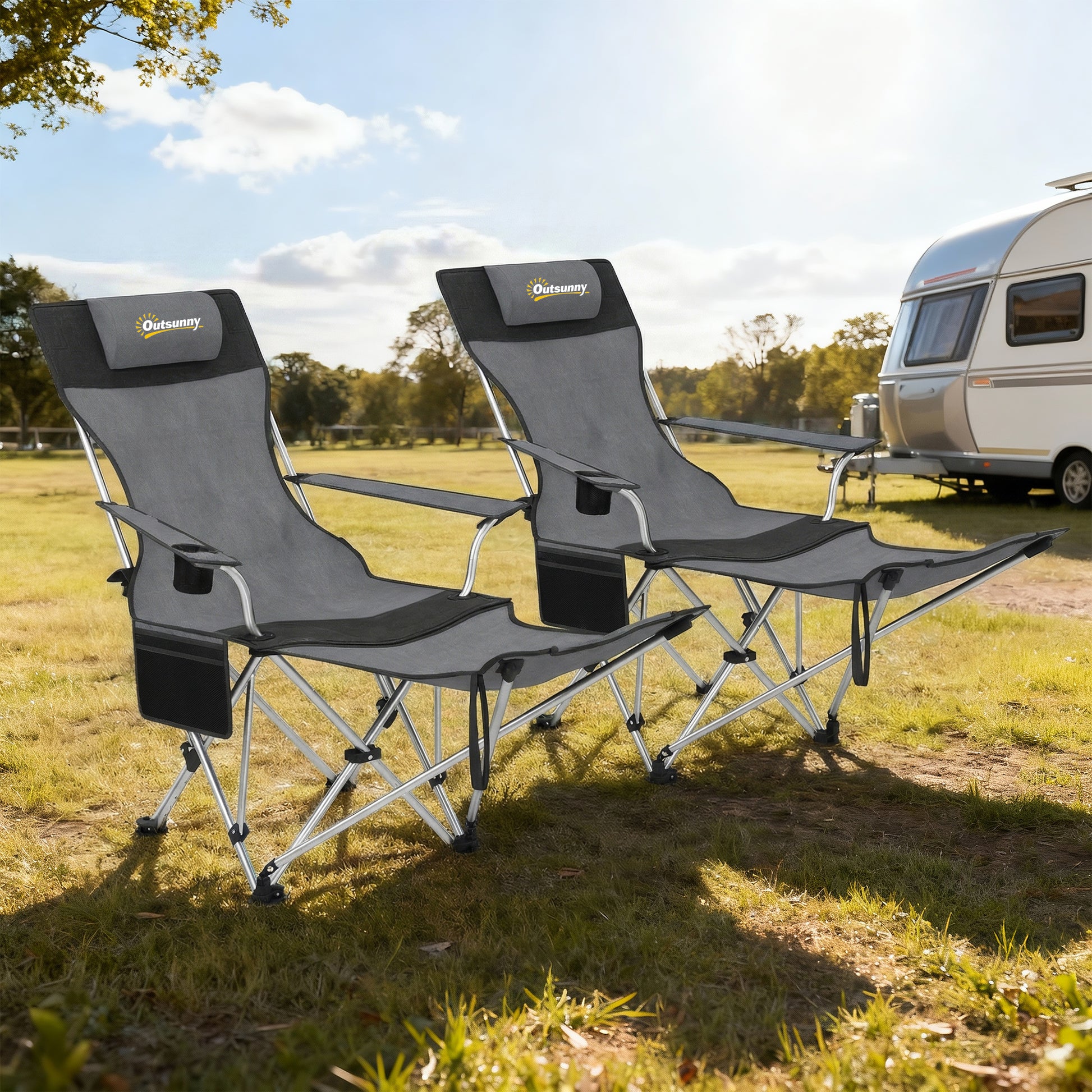 Outsunny Conjunto De 2 Sillas Plegables Camping Con Reposapiés Desmontable Gris_1