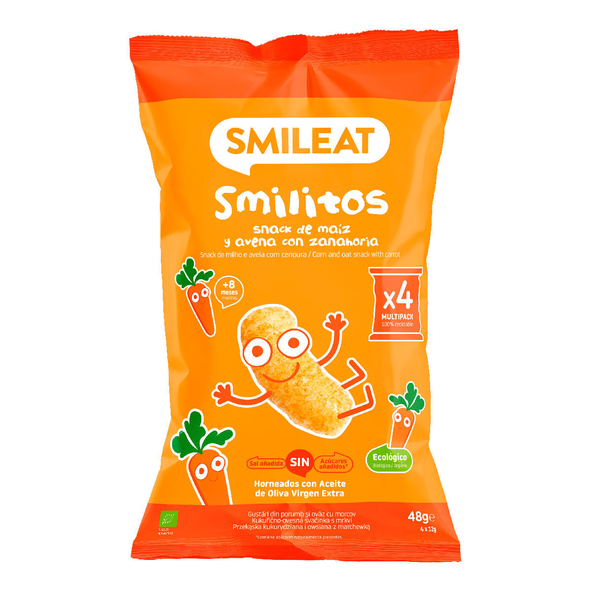 Smilito Milho, Aveia e Cenoura Multipack ECO Smileat 4 saquetas de 12g.