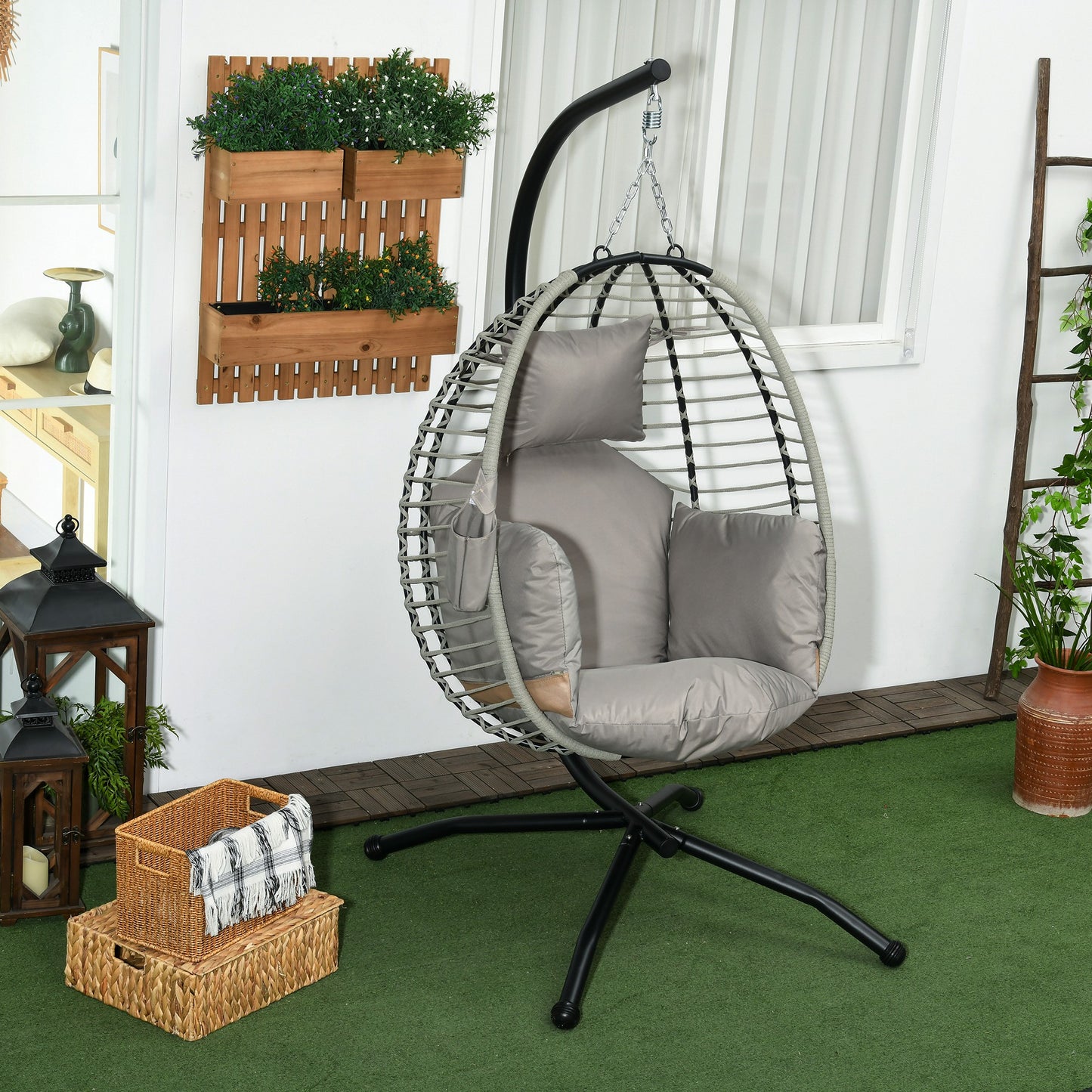 Outsunny Silla Colgante Huevo Con Soporte Cesta Plegable Cojín Gris Y Negro_1