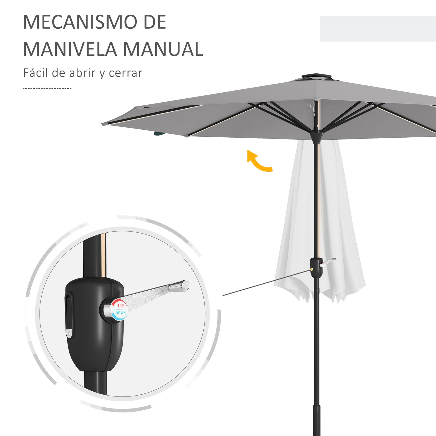 Outsunny Sombrilla De Jardín Ø265x240 Cm Con Luces Led Solares Gris Claro_5