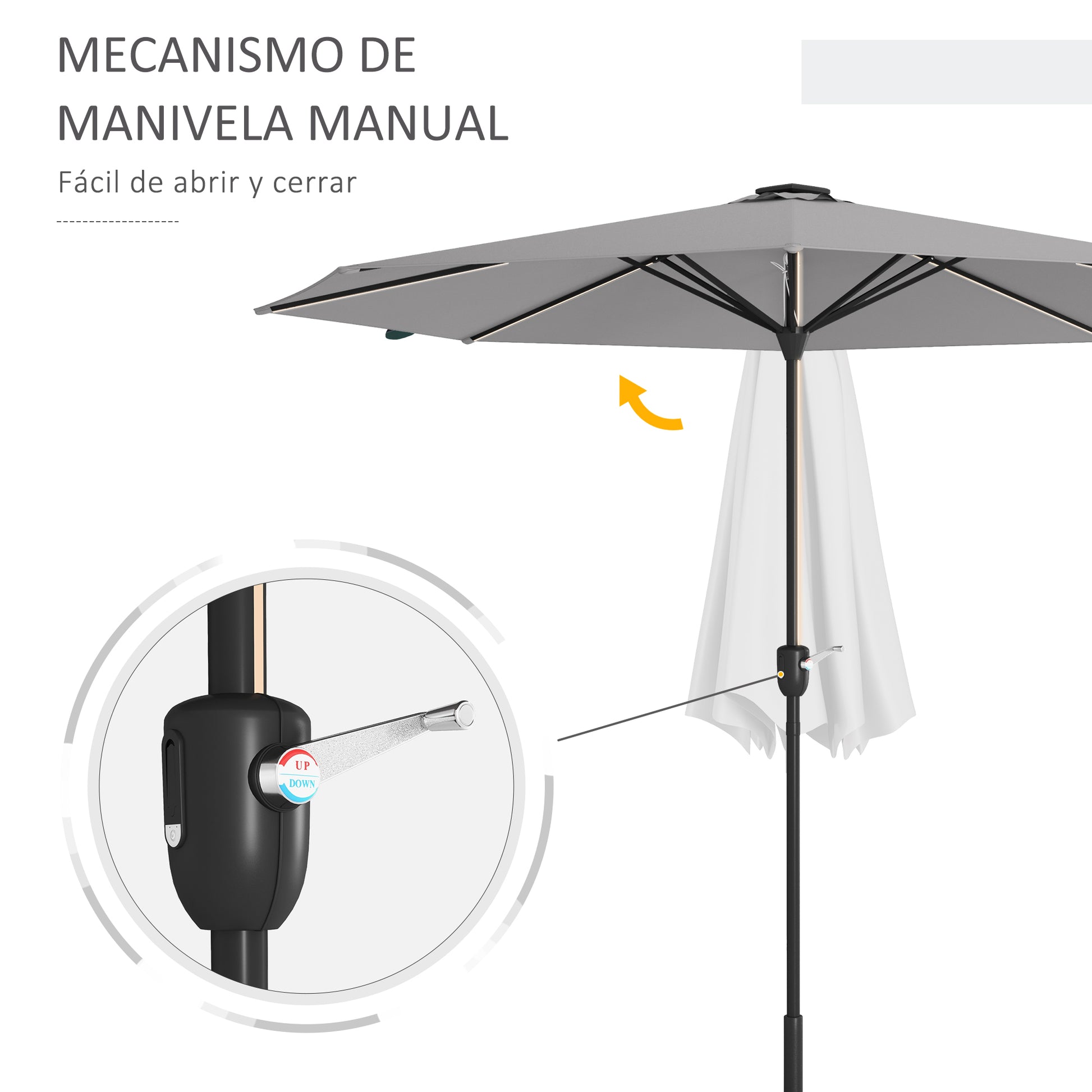 Outsunny Sombrilla De Jardín Ø265x240 Cm Con Luces Led Solares Gris Claro_5