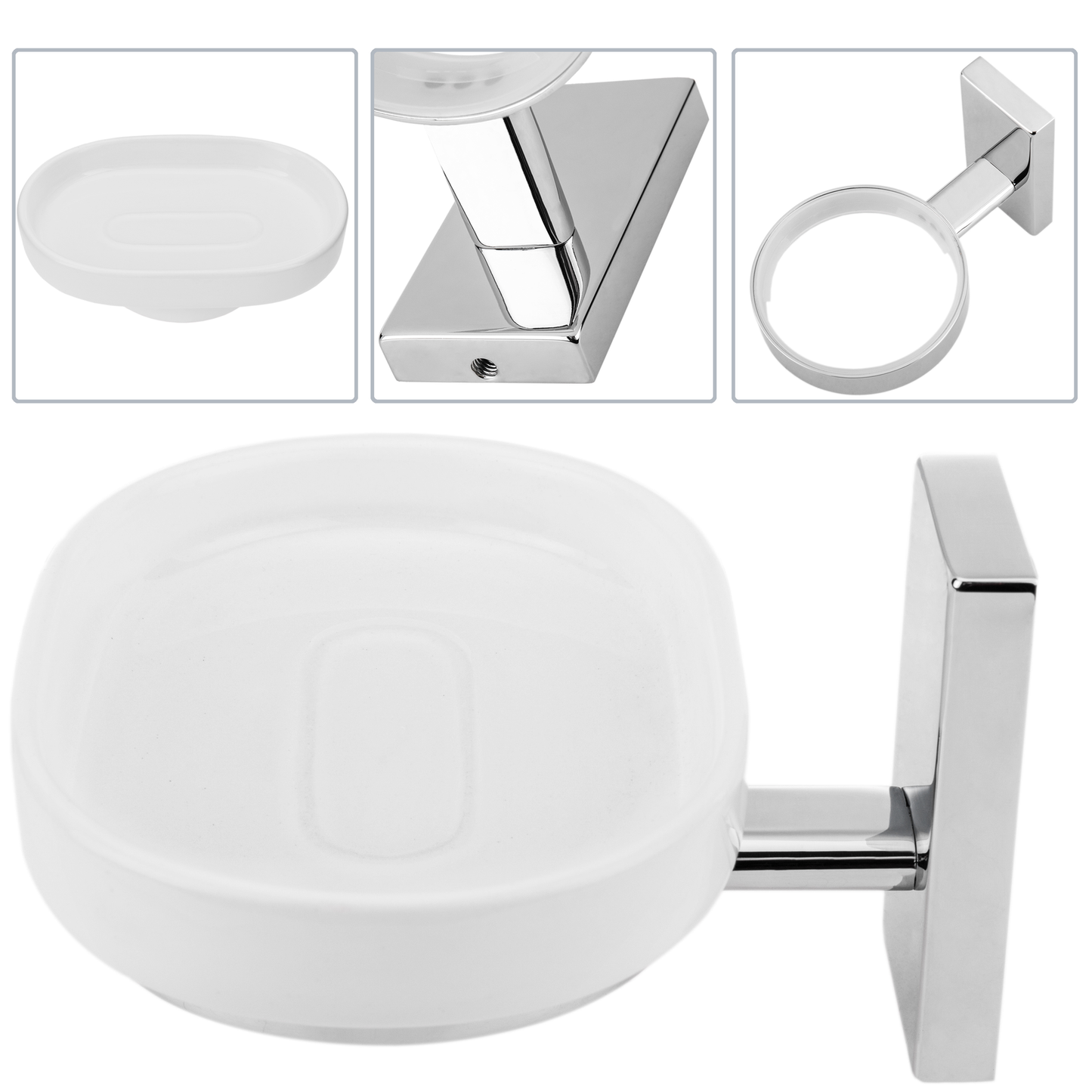 Soporte Cromado De Pared Para Jabón Con Plato Cerámico En Color Blanco Modelo Spool_1