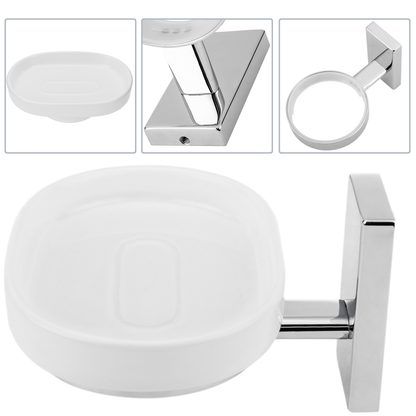 Soporte Cromado De Pared Para Jabón Con Plato Cerámico En Color Blanco Modelo Spool_1